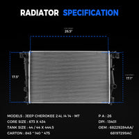 13401 Radiator for 2014 2015 2016 2017 2018 Jeep Cherokee 2.4L 3.2L W/ Dual Fan