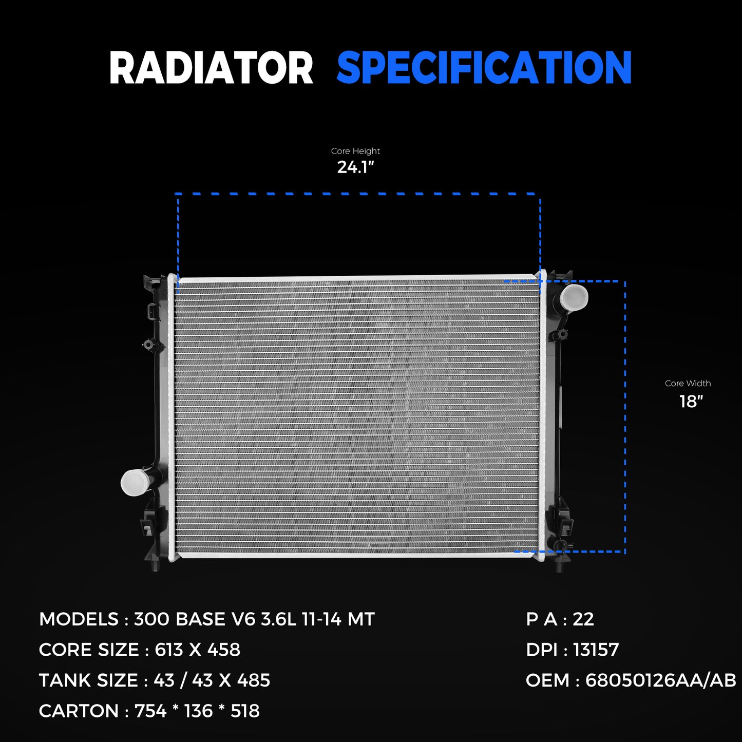 13157 Radiator for 2009-2020 Charger Challenger Chrysler 300 Standard Cooling