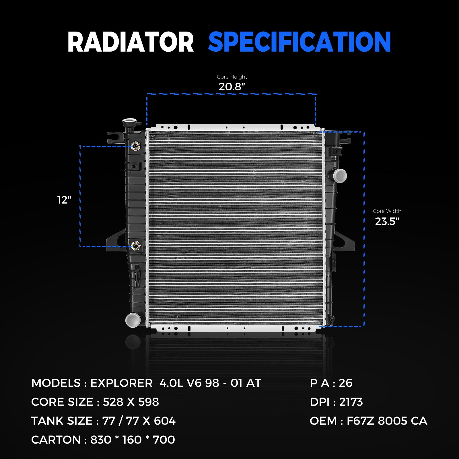 Radiator for 98-01 Ford Explorer 1998-2011 Ranger Mazda B3000 B4000 3.0L 4.0L CU2173
